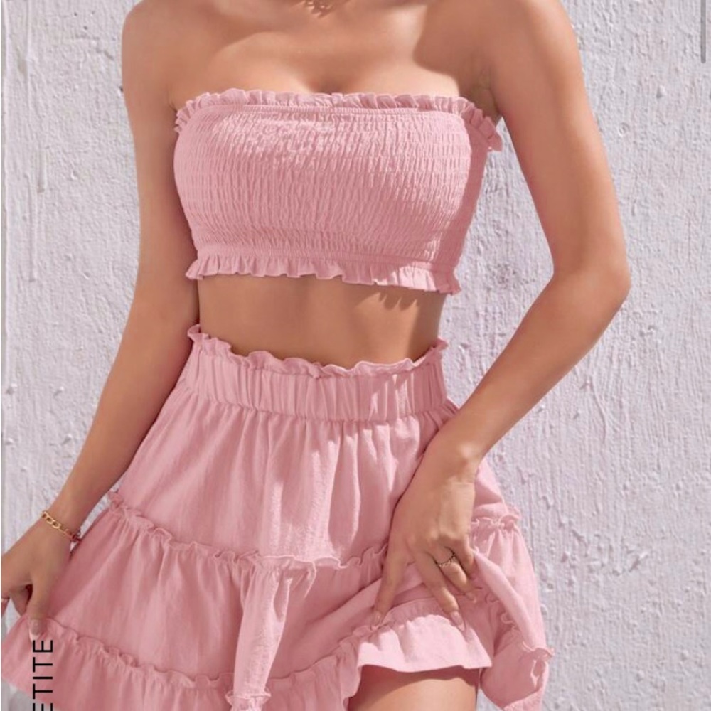 Frill Trim Tube Top and Ruffle Hem Skirt